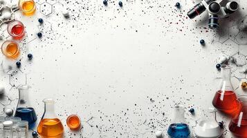 Brightly colored test tubes and beakers fill workspace in modern laboratory. microscope stands ready for scientific exploration complemented clean layout perfect for branding photo