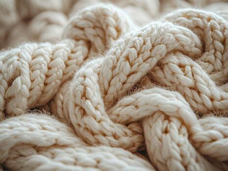Close up view of chunky knitted blanket showcasing intricate intertwined loops in soft cream hue enhanced warm lighting evoking sense of comfort and coziness photo
