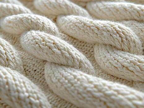 Warm cream colored chunky knitted blanket displays large intertwined loops showcasing its cozy texture soft natural lighting perfect for creating welcoming atmosphere photo