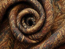Close look classic herringbone tweed fabric featuring earthy colors and distinct zigzag design. rugged texture stands out soft lighting highlighting its traditional appeal photo