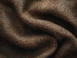 macro shot captures intricate zigzag design of classic herringbone tweed in rich earthy tones. texture stands out due well placed lighting emphasizing its traditional appeal photo