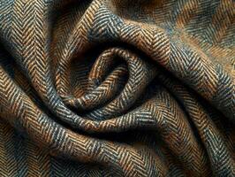 macro view reveals complex herringbone pattern and rich texture of classic tweed showcasing earthy tones soft lighting for timeless feel photo