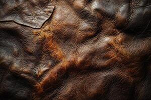 macro study reveals unique texture and character of aged leather rich dark brown tones. Dramatic lighting accentuates fine cracks and creases highlighting its unique history photo