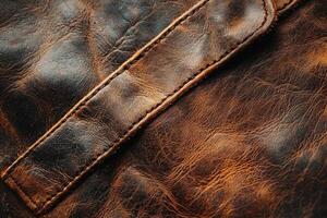 close up view reveals intricate texture and character of aged leather visible cracks and creases. Dramatic light enhances its rugged appearance highlighting its unique patina photo
