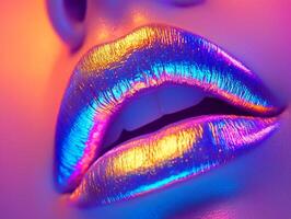 Lips adorned in holographic lipstick display stunning iridescent finish changes colors from pink blue vibrant lighting while minimalistic makeup enhances overall effect photo