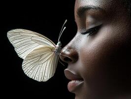 dark skinned model showcases grace as delicate white butterfly perches on her temple. striking lighting enhances beauty and purity of her profile creating captivating atmosphere photo