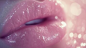 Lips are elegantly painted in soft baby pink tone radiating freshness and youthfulness. dewy finish is beautifully highlighted natural soft light creating inviting allure photo