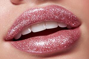 Luminous lips adorned clear high shine gloss infused glitter catch light perfectly delivering fresh and youthful visual appeal bright illumination photo