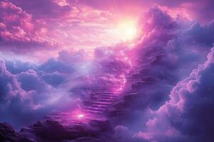 mesmerizing grand staircase reaches upward into soft pastel clouds leading radiant light embodies divine wisdom and purpose creating tranquil spiritual journey photo