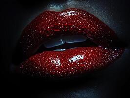 Bold glossy red lips glisten softly flattering lighting emphasizing their perfect shape and luxurious look creating glamorous and inviting atmosphere photo