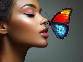 model poses gracefully vibrant butterfly hovering just above her lips. blurred wings create sense of motion amid calmness of her expression celebrating nature's beauty photo