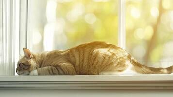 serene cat enjoys peaceful moment lounging on windowsill while warm sunlight cascades through glass gently highlighting its soft fur and creating cozy ambiance photo