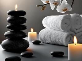 young woman enjoys rejuvenating spa treatment while lying on massage table surrounded soft towels and flickering candles creating tranquil atmosphere photo