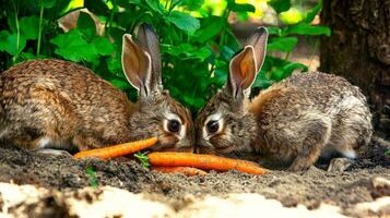 Two rabbits are happily munching on vibrant orange carrots nestled in soft earth of garden surrounded rich greenery capturing serene moment of nature photo