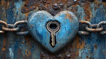 heart shaped lock missing key sits against cold metallic backdrop. Chains encircle lock tightly representing pain of unreturned affection and emotional struggles photo
