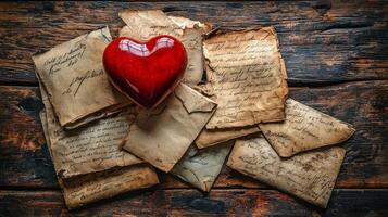 Torn love letters lay scattered on wooden table accompanied broken ceramic heart. Soft diffused light enhances nostalgic and sorrowful mood of display photo