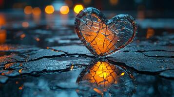 In dimly lit area heart shaped object rests amidst jagged pieces of cracked mirror. single spotlight highlights reflections and damage creating striking visual contrast photo