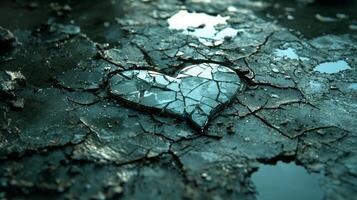 In dimly lit setting cracked mirror showcases heart shaped object shattered into jagged pieces. single spotlight emphasizes broken reflection symbolizing fragility photo