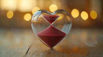 heart shaped hourglass captures red sand flowing down representing gradual loss of love. soft dim light enhances emotional atmosphere lower half nearly empty photo