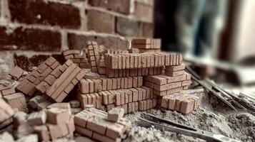 skilled bricklayer is meticulously placing bricks in precise manner while surrounded tools and freshly mixed mortar busy construction site during day photo