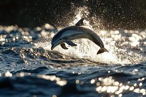 dolphin makes spectacular jump above sparkling waves of ocean sunlight illuminating water and creating vibrant display of motion and energy photo