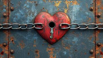 heart shaped lock sits tightly bound chains against cold metallic surface keyhole exposed representing unfulfilled desires and pain of unrequited love photo