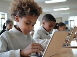 In bright classroom young boy focuses on coding on tablet his desk surrounded classmates also learning promoting creativity and technology skills photo