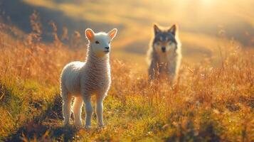 gentle lamb stands in peaceful meadow soft golden light of setting sun photo
