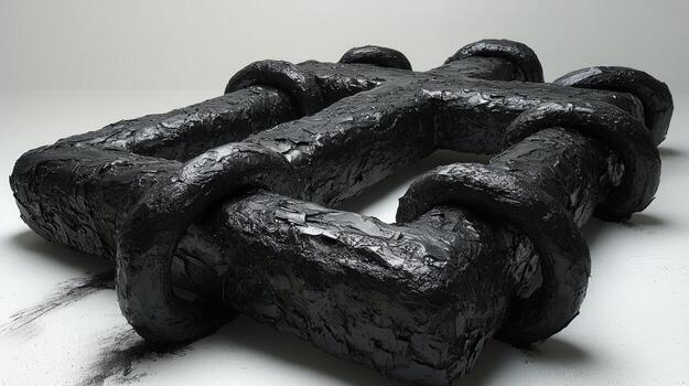 cross constructed from large textured nails stands out against minimalist white background. Shadows add depth emphasizing themes of sacrifice and redemption portrayed in artwork photo