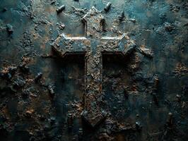 cross formed entirely from bullets is showcased soft dramatic lighting. metallic surfaces shine against stark black background conveying themes of sacrifice and redemption photo