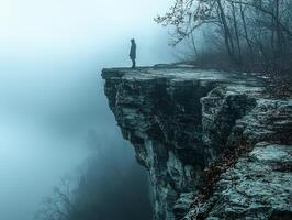 solitary figure gazes into void from edge of foggy cliff surrounded muted colors and diffused light enhance sense of introspection and unease photo