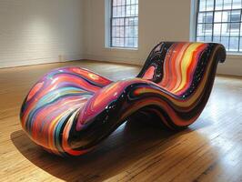 striking wooden chair features swirling accents of red blue and yellow resin on its backrest. It is showcased in bright room minimalistic decor elements photo
