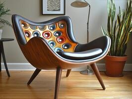 striking wooden chair featuring colorful epoxy resin embellishments on backrest is showcased in well lit room minimal decor and greenery photo