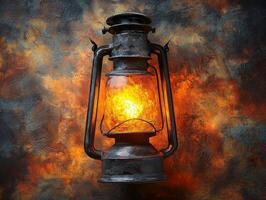 vintage style night lamp emits warm yellow glow resembling old oil lantern set against textured backdrop enhances its nostalgic charm and timeless design photo