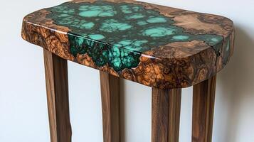 small bedside table showcases exquisite craftsmanship natural wood and resin inlays emit soft glow in dark perfect for enhancing stylish bedroom ambiance photo