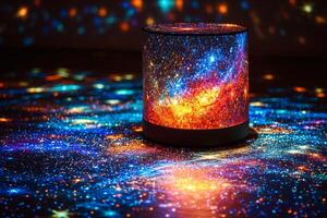 sleek star projector night lamp creates vibrant light patterns on walls and floor of dark space. colorful stars and constellations fill area captivating ambiance photo