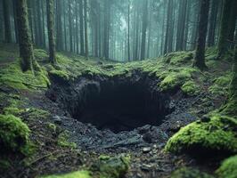 In shadowy forest ground reveals dark bottomless pit while trees lean inward. Soft beams of light struggle penetrate dense canopy enhancing eerie atmosphere photo