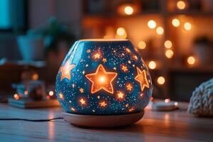 sleek star projector emits colorful stars and constellations in dimly lit room creating magical atmosphere as vibrant light patterns dance on surfaces photo