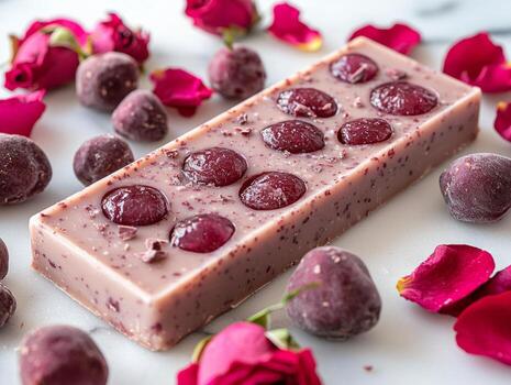 ruby chocolate bar features glossy lychee and rose filling beautifully adorned fresh rose petals and lychee fruits in vibrant pink setup perfect for romantic occasions photo