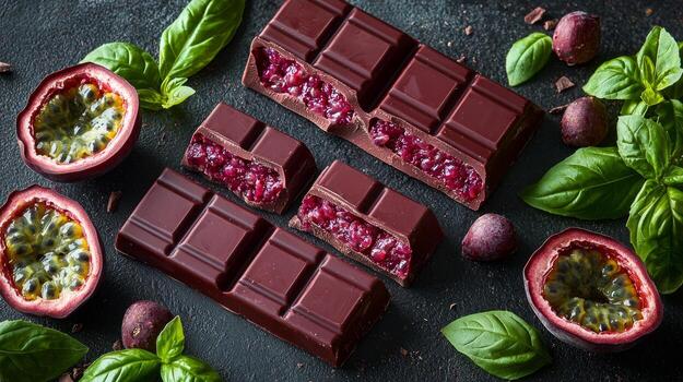 Ruby chocolate bar filled tangy passionfruit and aromatic basil is styled alongside fresh basil leaves and passionfruit halves highlighting unique flavor combinations and visual appeal photo