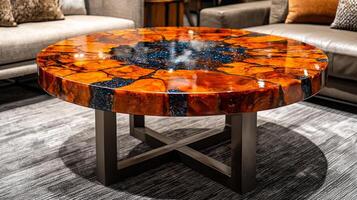 cozy living room features stylish round coffee table clear epoxy resin surface filled vibrant stones resting on modern metal base creating inviting atmosphere photo