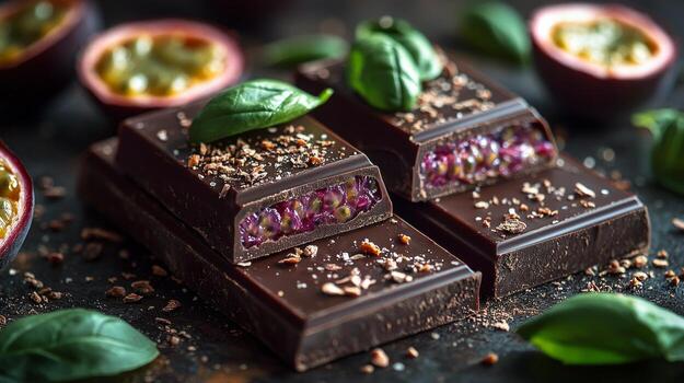 Ruby chocolate bar filled tangy passionfruit and aromatic basil is beautifully arranged fresh basil leaves and passionfruit halves creating striking display of color and taste photo