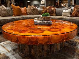 round side table showcases clear epoxy resin embedding natural wood slices beautifully reflecting unique patterns. Located in rustic modern room it enriches cozy atmosphere photo
