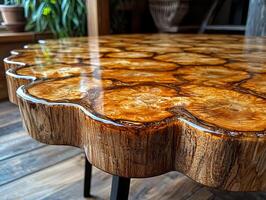 round side table features clear epoxy resin beautifully highlights natural wood slices embedded within. Its glossy surface enhances unique wood patterns in cozy stylish room photo