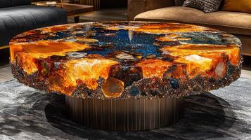 round coffee table features clear epoxy resin surface vibrant stones nestled within enhancing inviting atmosphere of warm living room illuminated soft lighting photo