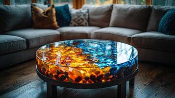round coffee table showcases stunning clear epoxy resin surface filled vibrant stones and pebbles photo