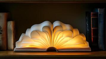 artistic night lamp resembling open book emits warm white glow. It sits on wooden shelf surrounded books and inviting decor creating cozy atmosphere photo