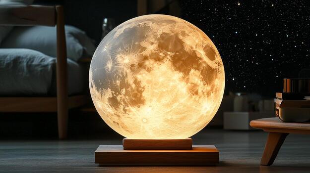 suave blanco ligero irradia desde Luna conformado lámpara descansando en de madera pararse. texturizado superficie agrega profundidad en contra fondo de oscuro estrellado cielo mejorando calmante ambiente foto