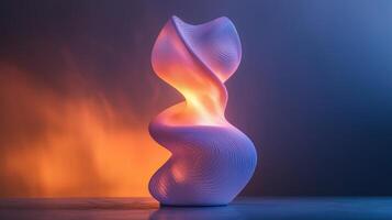 striking modern lamp features asymmetric design and emits soft neon colors of blue and purple enhancing minimalistic dark setting. It serves as unique artistic piece photo