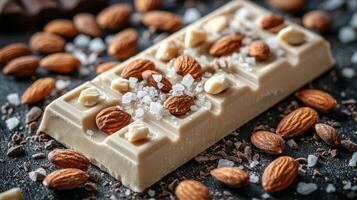 Milk chocolate bar filled creamy salted almond butter is artfully surrounded roasted almonds and sprinkle of coarse sea salt creating inviting display photo